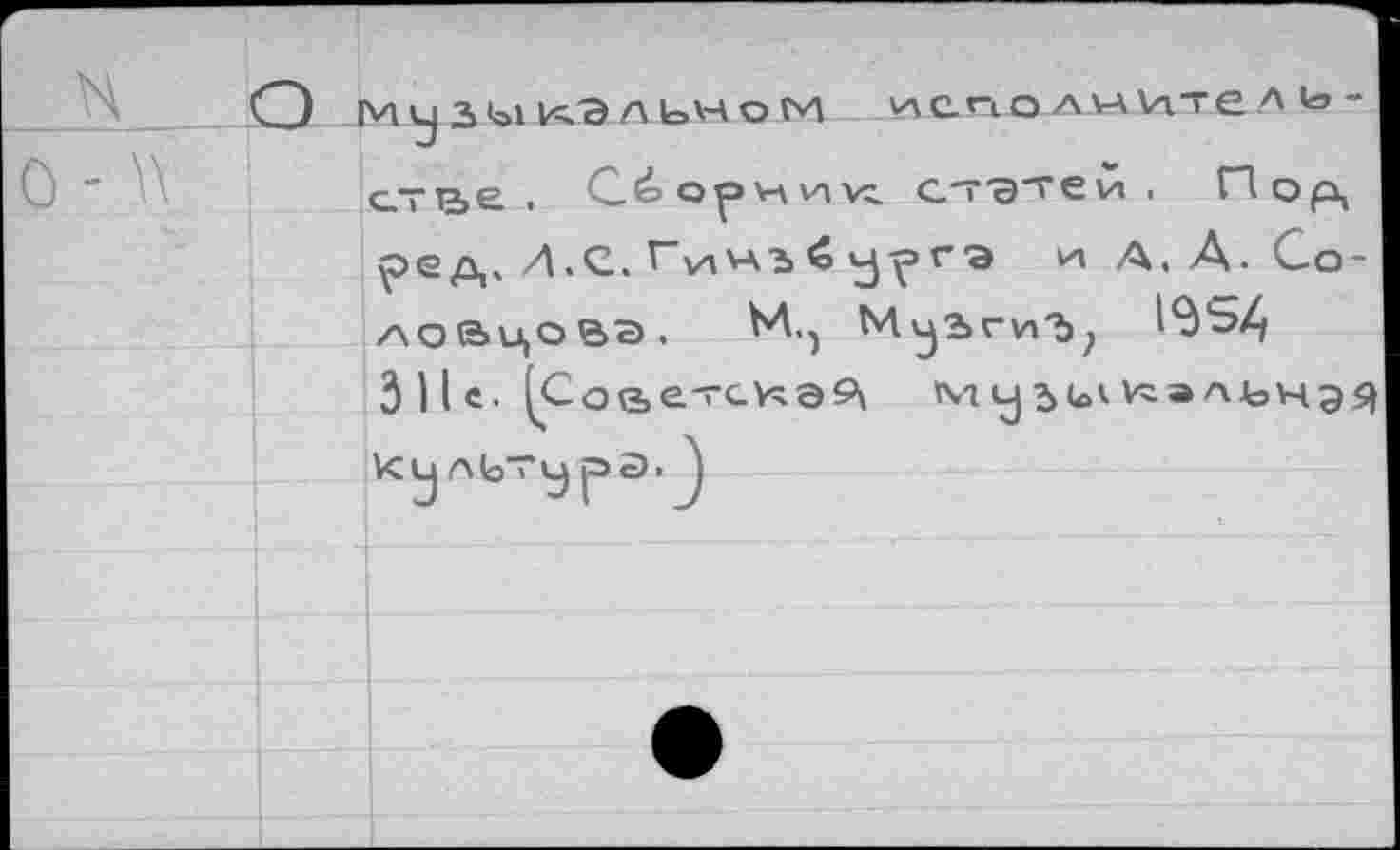 ﻿О музыкальном испол«ител ь -cTç,e . С ё> о р к Vi vz. статей. Пор, £>ед, Л.С.Гц'А'Ъ^у^г-э и А, А. Со-лобцовэ.	М., МуЪгиЪ? 1354
3 I I «• (Coee.'TC-V^SPi М у витальная культура. )